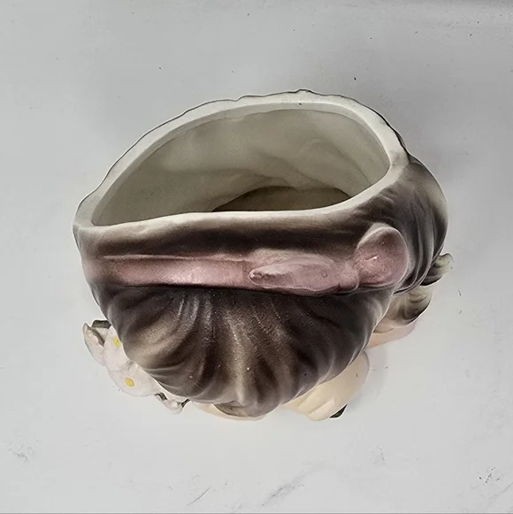 Vtg Enesco delsey girl head vase brown hair flowers 1960s ceramic - Picture 3 of 8